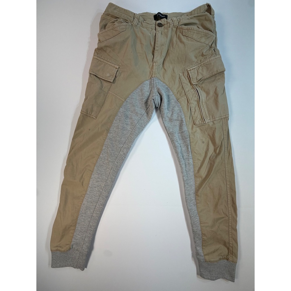 Desigual Mens Hybrid Cargo Jogger Pants Tan Grey Mixed Media Tapered Size 30